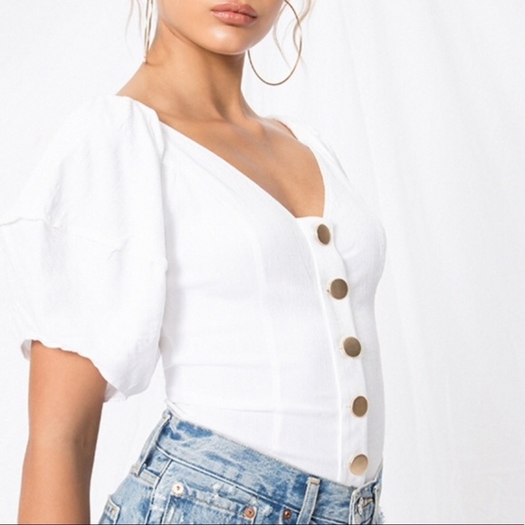 Free People Tops - Free People Basic Puff Sleeve Thong Bodysuit White